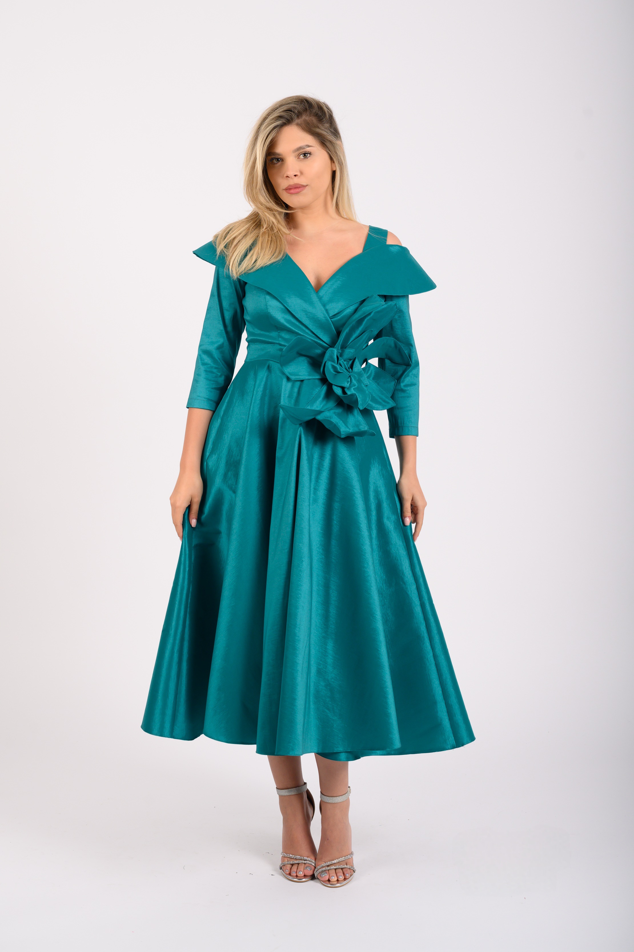 Rochie de Ocazie Alizée – Verde Turcoaz cu Detaliu Floral 3D